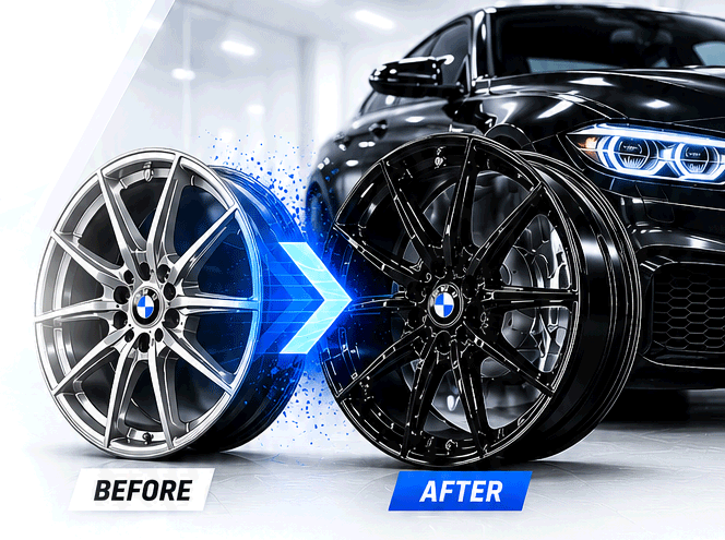 Silver BMW wheel before and gloss black wheel after refinishing